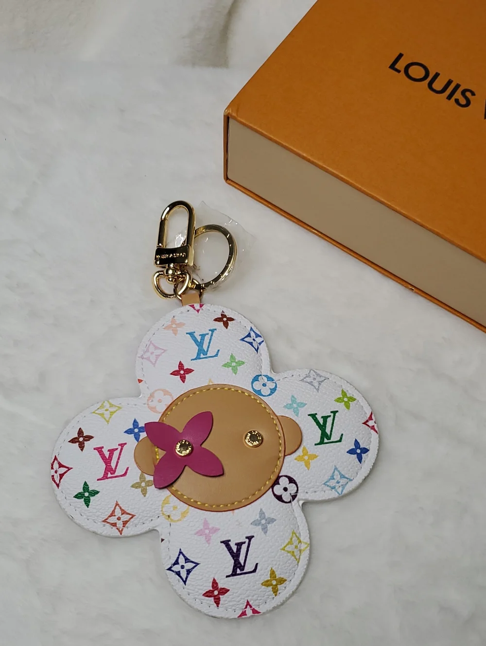 LV White Multicolor Monogram Flower Charm with Gold Hardware